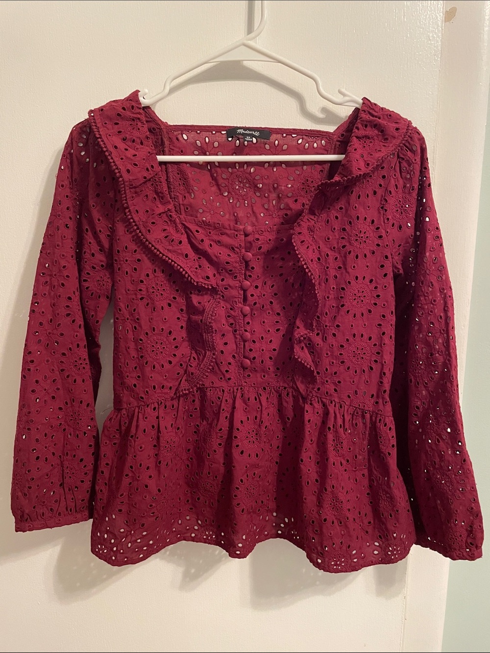 Madewell Wine/burgandy Eyelet Ruffle Peplum Blouse XS